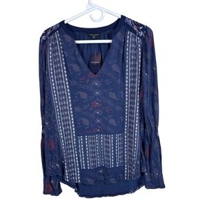 Lucky Brand Embroidered Peasant Top Blouse Blue Bohemian Women Size Medium New‎